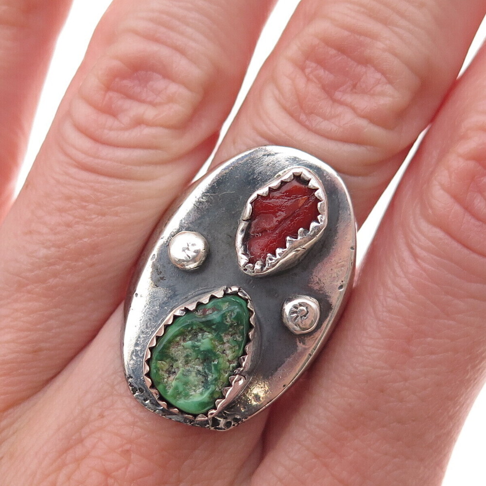 Old Pawn 925 Sterling Silver Vintage Southwestern Turquoise & Coral Ring Size 10